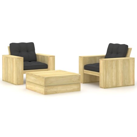 vidaXL Set muebles de jardín y cojines 3 pzas madera pino impregnada