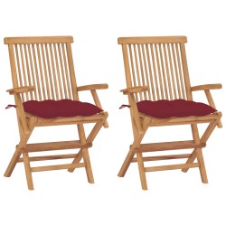 vidaXL Sillas de jardín 2 uds madera teca con cojines rojo tinto