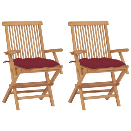 vidaXL Sillas de jardín 2 uds madera teca con cojines rojo tinto