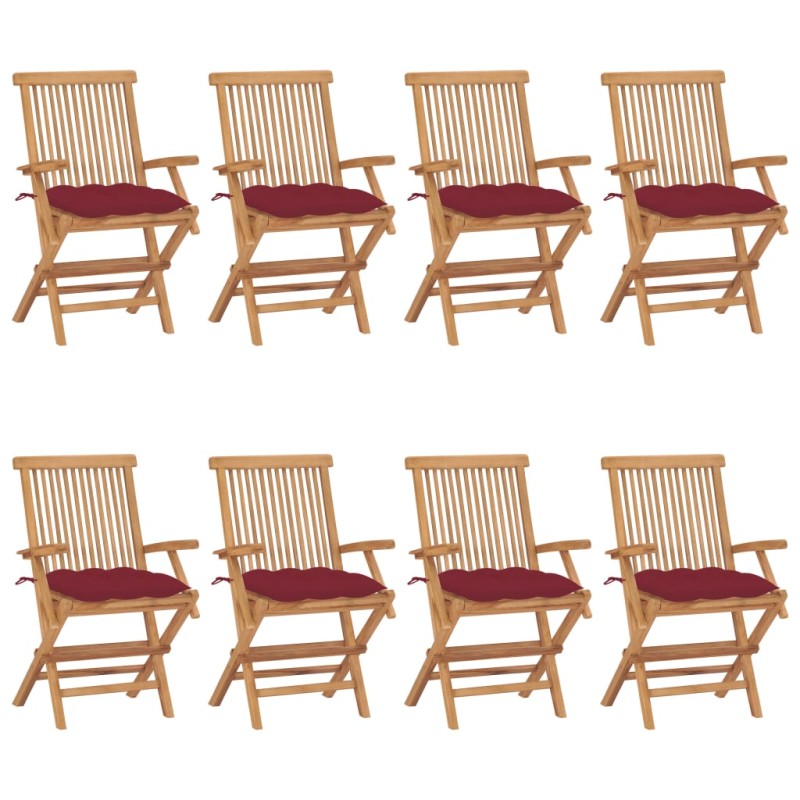 vidaXL Sillas de jardín 8 uds madera teca con cojines rojo tinto vidaXL Sillas de jardín 8 uds madera teca con cojines rojo tinto