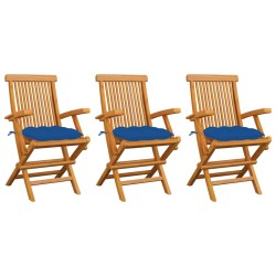 vidaXL Sillas de jardín 3 uds madera maciza de teca con cojines azules