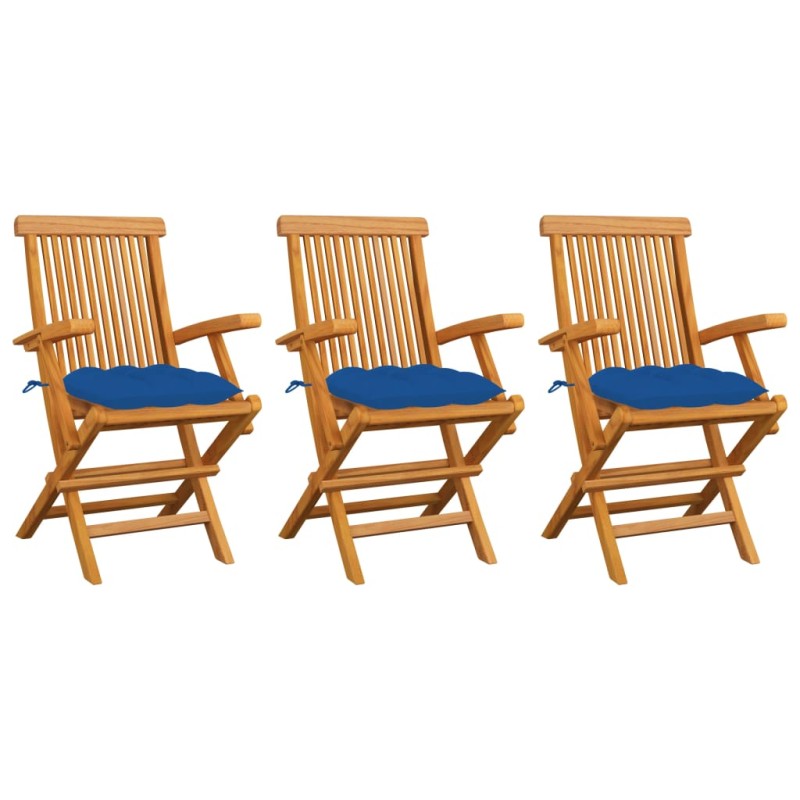 vidaXL Sillas de jardín 3 uds madera maciza de teca con cojines azules vidaXL Sillas de jardín 3 uds madera maciza de teca con cojines azules