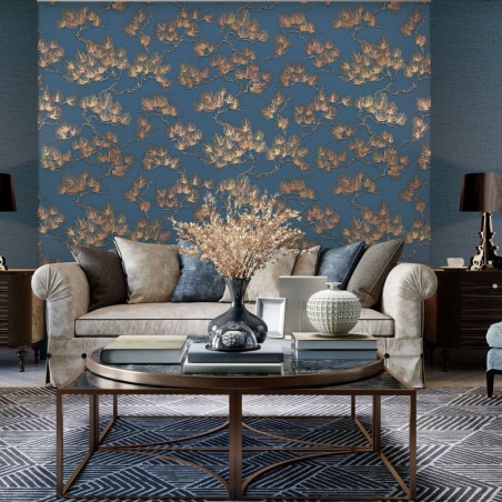 DUTCH WALLCOVERINGS Papel de pared pino dorado y azul 