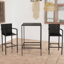vidaXL Mesa y taburetes altos jardín y cojines 3 pzas ratán PE negro