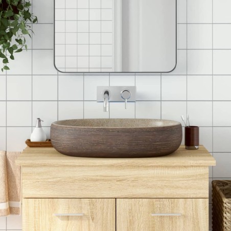 vidaXL Lavabo sobre encimera ovalado cerámica arena marrón 59x40x14 cm