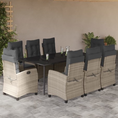 vidaXL Set comedor de jardín 9 pzas cojines ratán sintético gris claro