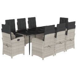 vidaXL Set comedor de jardín 9 pzas cojines ratán sintético gris claro