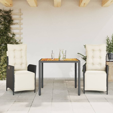 vidaXL Set comedor de jardín 3 pzas con cojines ratán sintético negro