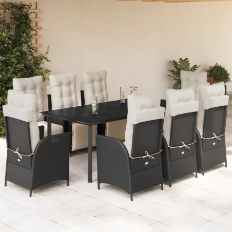vidaXL Set de comedor de jardín 9 pzas y cojines ratán sintético negro