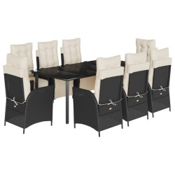 vidaXL Set de comedor de jardín 9 pzas y cojines ratán sintético negro