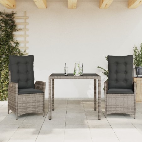 vidaXL Set comedor de jardín 3 piezas con cojines ratán sintético gris