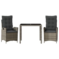 vidaXL Set comedor de jardín 3 piezas con cojines ratán sintético gris