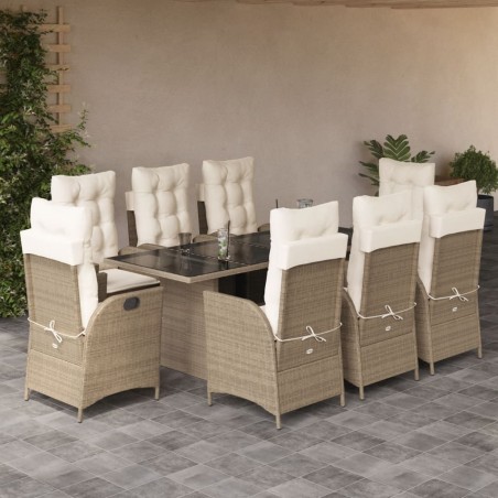 vidaXL Set comedor de jardín 9 pzas con cojines ratán sintético beige