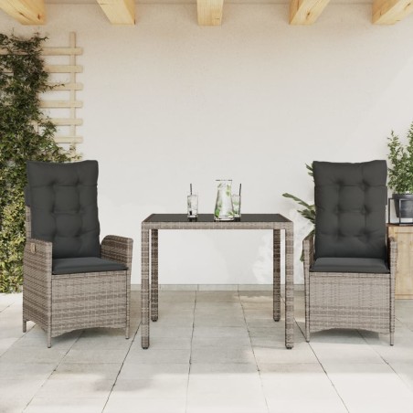 vidaXL Set comedor de jardín 3 piezas con cojines ratán sintético gris