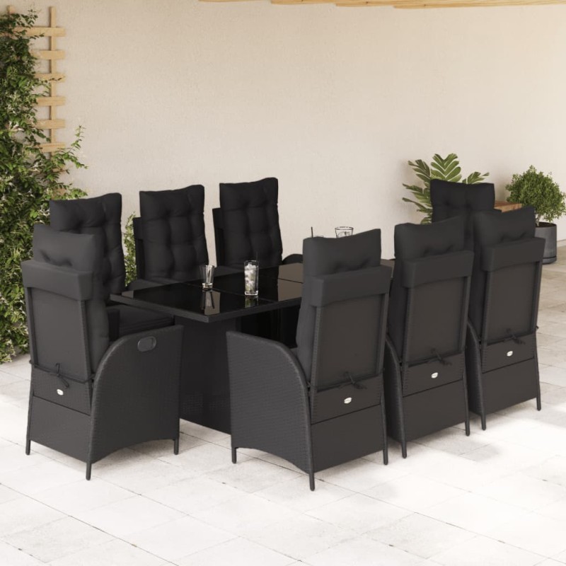 vidaXL Set de comedor de jardín 9 pzas y cojines ratán sintético negro