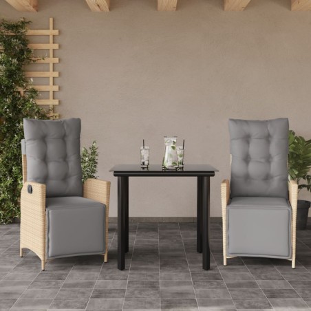vidaXL Set comedor de jardín 3 pzas con cojines ratán sintético beige