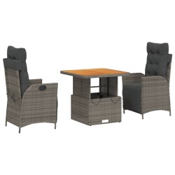 vidaXL Set comedor de jardín 3 piezas con cojines ratán sintético gris