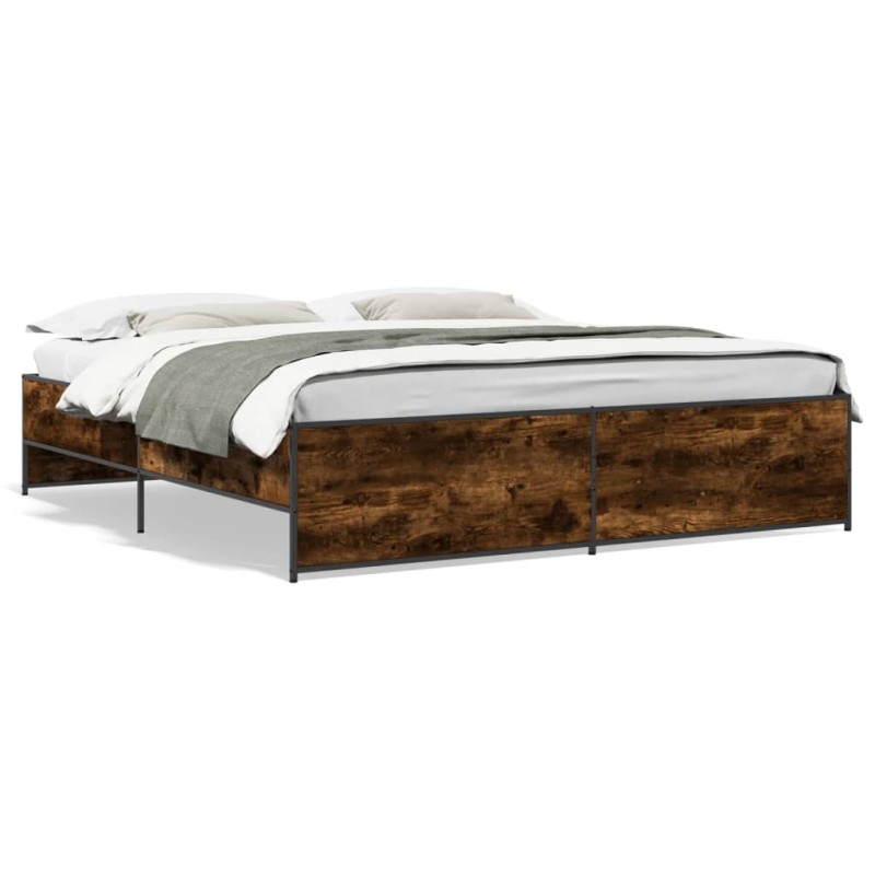 vidaXL Estructura cama madera ingeniería metal roble ahumado 180x200cm vidaXL Estructura cama madera ingeniería metal roble ahumado 180x200cm