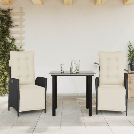 vidaXL Set comedor de jardín 3 pzas con cojines ratán sintético negro