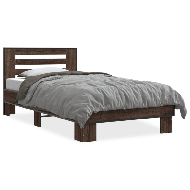 vidaXL Estructura cama madera ingeniería metal roble marrón 90x200 cm vidaXL Estructura cama madera ingeniería metal roble marrón 90x200 cm