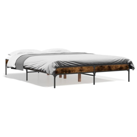 vidaXL Estructura cama madera ingeniería metal roble ahumado 135x190cm