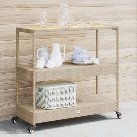 vidaXL Carrito de bar 3 niveles ratán PE y madera maciza acacia beige