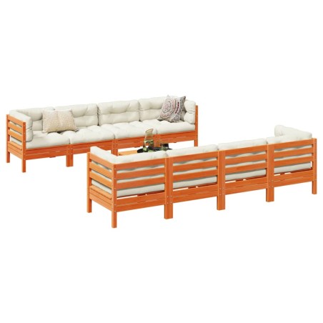 vidaXL Set de sofás jardín 9 pzas con cojines madera pino marrón cera