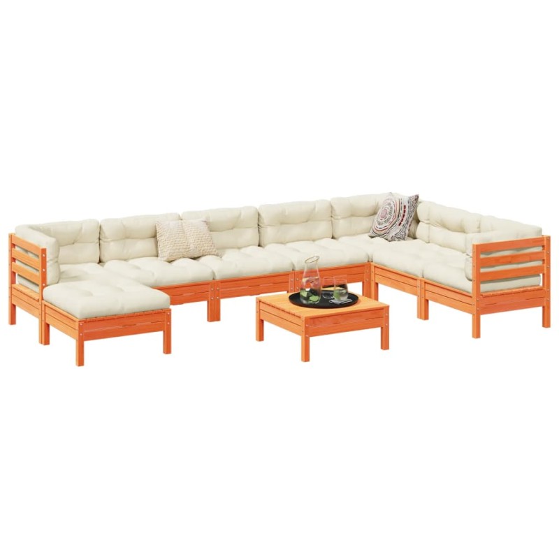vidaXL Set de sofás jardín 9 pzas con cojines madera pino marrón cera vidaXL Set de sofás jardín 9 pzas con cojines madera pino marrón cera