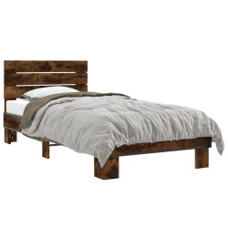vidaXL Estructura cama madera ingeniería metal roble humo 100x200 cm