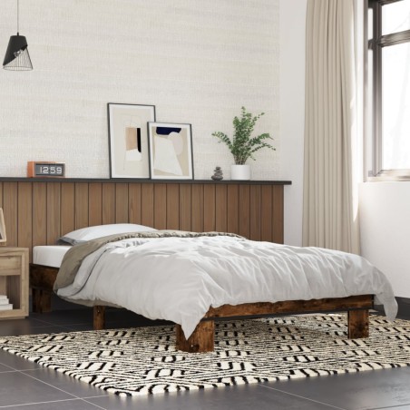 vidaXL Estructura cama madera ingeniería metal roble ahumado 90x200 cm