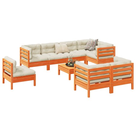 vidaXL Set de sofás jardín 9 pzas con cojines madera pino marrón cera