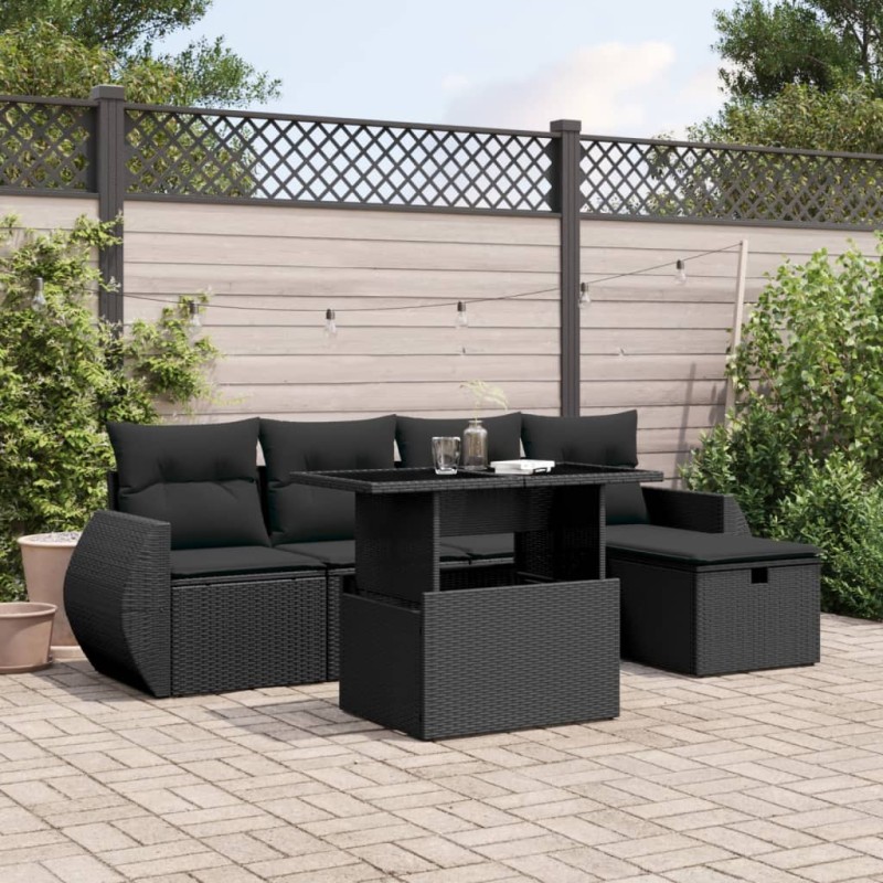 vidaXL Set de sofás de jardín 6 piezas y cojines ratán sintético negro vidaXL Set de sofás de jardín 6 piezas y cojines ratán sintético negro
