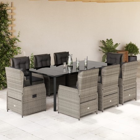 vidaXL Set comedor de jardín 9 pzas cojines ratán sintético gris claro
