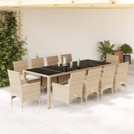 vidaXL Set comedor jardín 11 pzas cojines ratán sintético vidrio beige