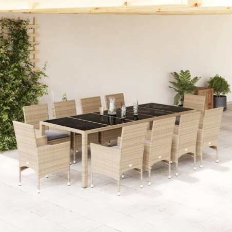 vidaXL Set comedor jardín 11 pzas cojines ratán sintético vidrio beige