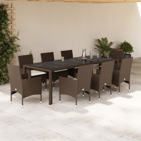 vidaXL Set comedor jardín 9 pzas cojines ratán sintético vidrio marrón
