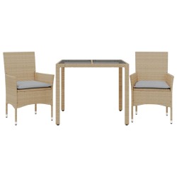 vidaXL Set comedor jardín 3 pzas cojines ratán sintético vidrio beige