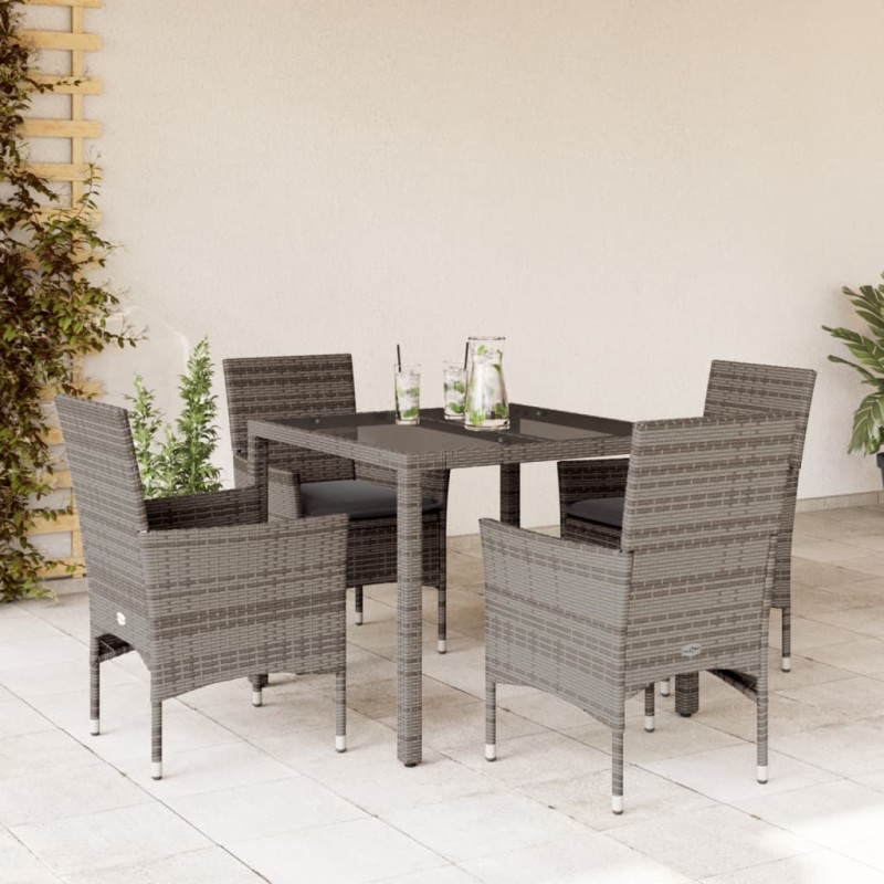 vidaXL Set comedor jardín 5 pzas y cojines ratán sintético vidrio gris
