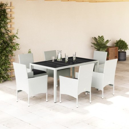 vidaXL Set comedor jardín 7 pzas cojines ratán sintético vidrio blanco
