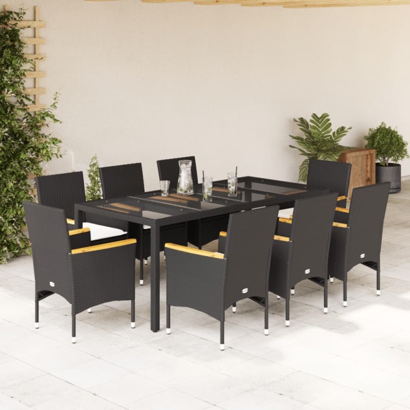 vidaXL Set comedor jardín 9 pzas cojines ratán sintético vidrio negro vidaXL Set comedor jardín 9 pzas cojines ratán sintético vidrio negro
