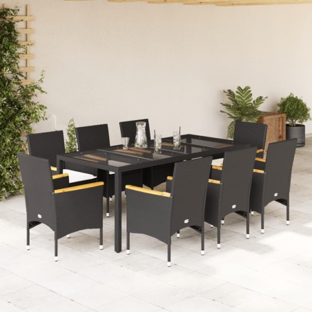 vidaXL Set comedor jardín 9 pzas cojines ratán sintético vidrio negro