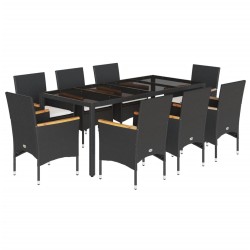 vidaXL Set comedor jardín 9 pzas cojines ratán sintético vidrio negro