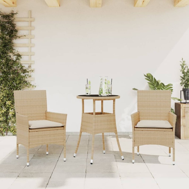 vidaXL Set comedor jardín 3 pzas cojines ratán sintético vidrio beige