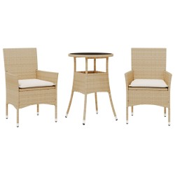 vidaXL Set comedor jardín 3 pzas cojines ratán sintético vidrio beige