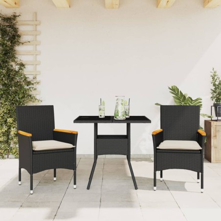 vidaXL Set comedor jardín 3 pzas cojines ratán sintético vidrio negro