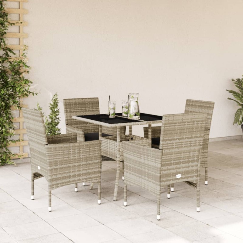 vidaXL Set comedor jardín 5 pzas y cojines ratán PE vidrio gris claro vidaXL Set comedor jardín 5 pzas y cojines ratán PE vidrio gris claro