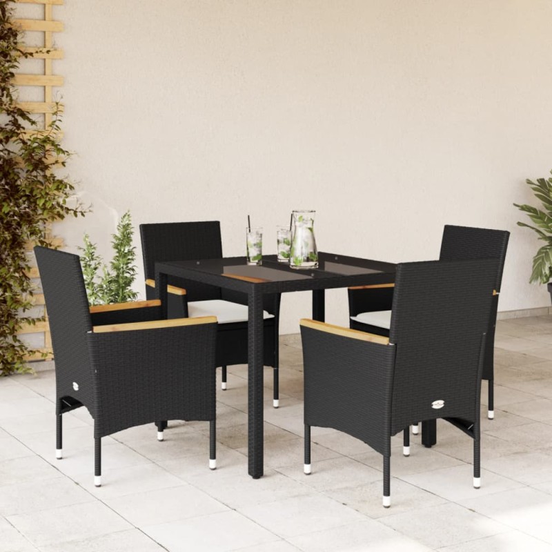 vidaXL Set comedor jardín 5 pzas cojines ratán sintético vidrio negro