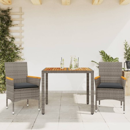 vidaXL Set de comedor jardín 3 pzas con cojines ratán PE acacia gris