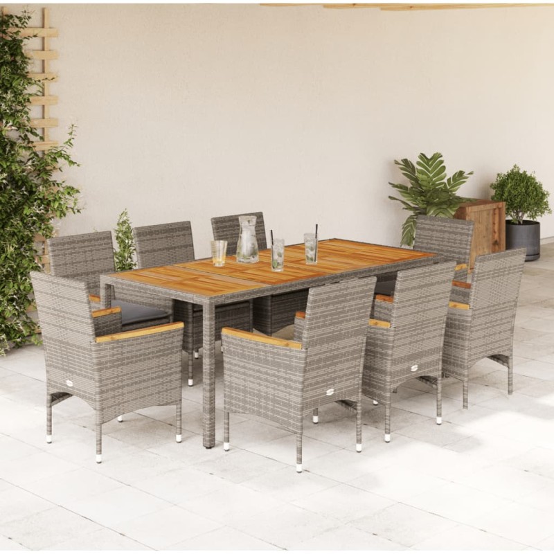 vidaXL Set de comedor jardín 9 pzas con cojines ratán PE acacia gris