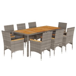 vidaXL Set de comedor jardín 9 pzas con cojines ratán PE acacia gris